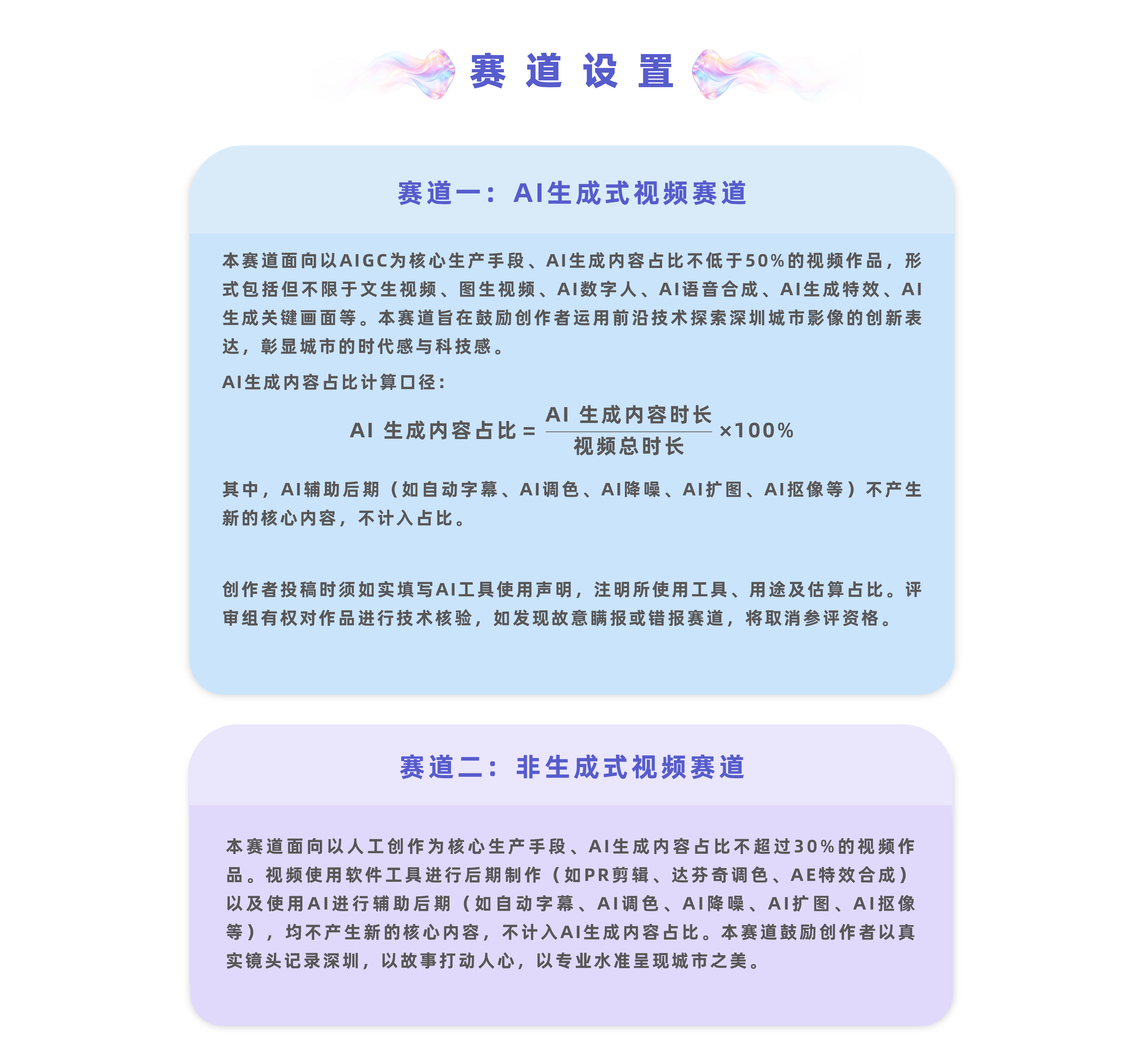 赛道设置:顺应短视频创作技术发展趋势，本次活动设置两大赛道：AI生成式视频赛道与非生成式视频赛道。（一）AI生成式视频赛道，本赛道面向以 AIGC 为核心生产手段、AI 生成内容占比不低于 50% 的视频作品，形式包括但不限于文生视频、图生视频、AI 数字人、AI 语音合成、AI 生成特效、AI生成关键画面等。本赛道旨在鼓励创作者运用前沿技术探索深圳城市影像的创新表达，彰显活动的时代感与科技感。AI 生成内容占比计算口径： AI 生成内容占比＝AI 生成内容时长÷视频总时长×100%。其中，AI 辅助后期（如自动字幕、AI 调色、AI 降噪、AI 扩图、AI 抠像等）不产生新的核心内容，不计入占比。创作者投稿时须如实填写AI工具使用声明，注明所使用工具、用途及估算占比。评审组有权对作品进行技术核验，如发现故意瞒报或错报赛道，将取消参评资格。（二）非生成式视频赛道，本赛道面向以人工创作为核心生产手段、AI 生成内容占比不超过 30% 的视频作品。视频使用软件工具进行后期制作（如PR剪辑、达芬奇调色、AE特效合成）以及使用AI进行辅助后期（如自动字幕、AI 调色、AI 降噪、AI 扩图、AI抠像），均不产生新的核心内容，不计入AI生成内容占比。本赛道鼓励创作者以真实镜头记录深圳，以故事打动人心，以专业水准呈现城市之美。