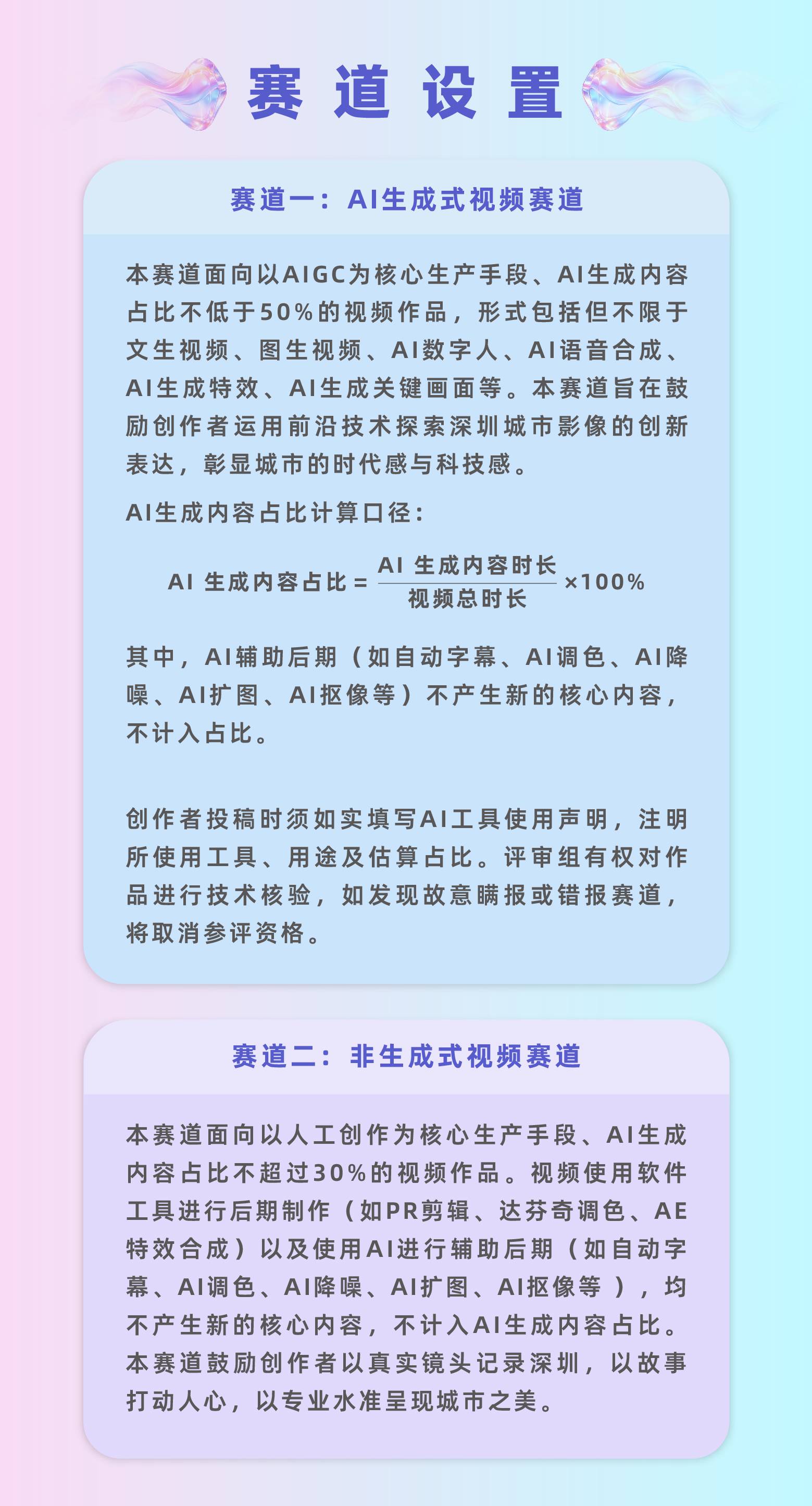 赛道设置:顺应短视频创作技术发展趋势，本次活动设置两大赛道：AI生成式视频赛道与非生成式视频赛道。（一）AI生成式视频赛道，本赛道面向以 AIGC 为核心生产手段、AI 生成内容占比不低于 50% 的视频作品，形式包括但不限于文生视频、图生视频、AI 数字人、AI 语音合成、AI 生成特效、AI生成关键画面等。本赛道旨在鼓励创作者运用前沿技术探索深圳城市影像的创新表达，彰显活动的时代感与科技感。AI 生成内容占比计算口径： AI 生成内容占比＝AI 生成内容时长÷视频总时长×100%。其中，AI 辅助后期（如自动字幕、AI 调色、AI 降噪、AI 扩图、AI 抠像等）不产生新的核心内容，不计入占比。创作者投稿时须如实填写AI工具使用声明，注明所使用工具、用途及估算占比。评审组有权对作品进行技术核验，如发现故意瞒报或错报赛道，将取消参评资格。（二）非生成式视频赛道，本赛道面向以人工创作为核心生产手段、AI 生成内容占比不超过 30% 的视频作品。视频使用软件工具进行后期制作（如PR剪辑、达芬奇调色、AE特效合成）以及使用AI进行辅助后期（如自动字幕、AI 调色、AI 降噪、AI 扩图、AI抠像），均不产生新的核心内容，不计入AI生成内容占比。本赛道鼓励创作者以真实镜头记录深圳，以故事打动人心，以专业水准呈现城市之美。
