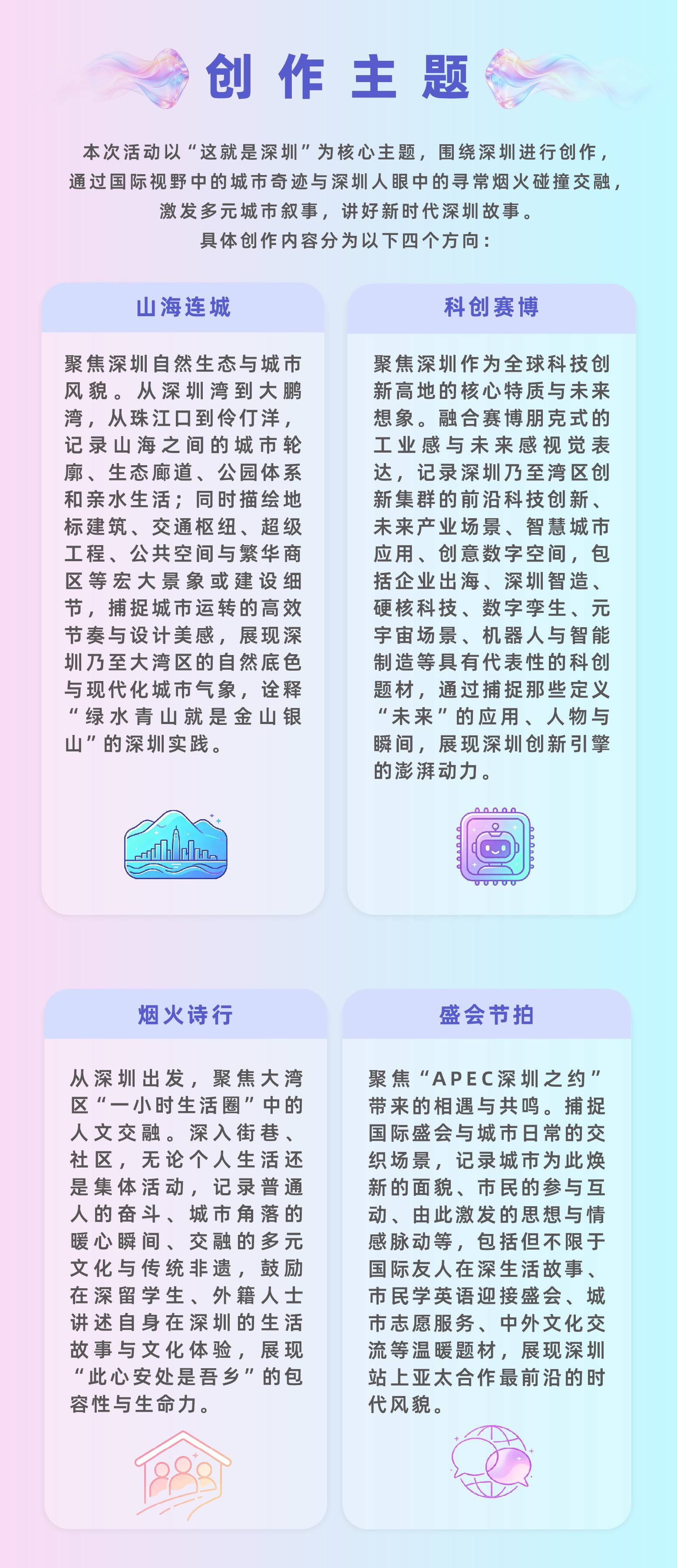 创作主题:本次活动以“这就是深圳”为核心主题，围绕深圳进行创作，通过国际视野中的城市奇迹与深圳人眼中的寻常烟火碰撞交融，激发多元城市叙事，讲好新时代深圳故事，具体创作内容分为以下四个方向：（一）山海连城聚焦深圳自然生态与城市风貌。从深圳湾到大鹏湾，从珠江口到伶仃洋，记录山海之间的城市轮廓、生态廊道、公园体系和亲水生活；同时描绘地标建筑、交通枢纽、超级工程、公共空间与繁华商区等宏大景象或建设细节，捕捉城市运转的高效节奏与设计美感，展现深圳乃至大湾区的自然底色与现代化城市气象，诠释“绿水青山就是金山银山”的深圳实践。（二）科创赛博聚焦深圳作为全球科技创新高地的核心特质与未来想象。融合赛博朋克式的工业感与未来感视觉表达，记录深圳乃至湾区创新集群的前沿科技创新、未来产业场景、智慧城市应用、创意数字空间，包括企业出海、深圳智造、硬核科技、数字孪生、元宇宙场景、机器人与智能制造等具有代表性的科创题材，通过捕捉那些定义“未来”的应用、人物与瞬间，展现深圳创新引擎的澎湃动力。（三）烟火诗行聚焦大湾区“一小时生活圈”中的人文交融。深入街巷、社区、市集和公共空间，记录普通人的奋斗、城市角落的暖心瞬间、交融的多元文化与传统非遗，鼓励在深留学生、外籍人士讲述自身在深圳的生活故事与文化体验，展现“此心安处是吾乡”的包容性与生命力。（四）盛会节拍聚焦“APEC深圳之约”带来的相遇与共鸣。捕捉国际盛会与城市日常的交织场景，记录城市为此焕新的面貌、市民的参与互动、由此激发的思想与情感脉动等，包括但不限于国际友人在深生活故事、市民学英语迎接盛会、城市志愿服务、中外文化交流等温暖题材，展现深圳站上亚太合作最前沿的时代风貌。